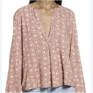 Treasure & Bond Floral Split Neck Rust Pullover Long Sleeve Top Blouse Small